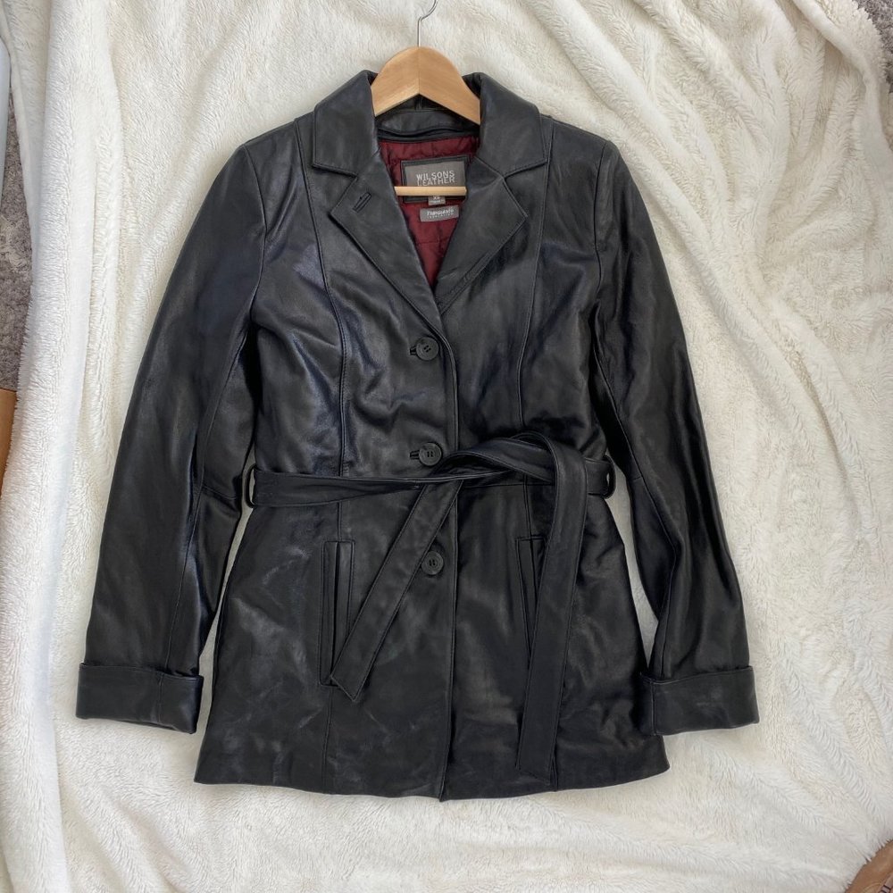 Wilsons Black Lined Leather Jacket Trench coat XS
